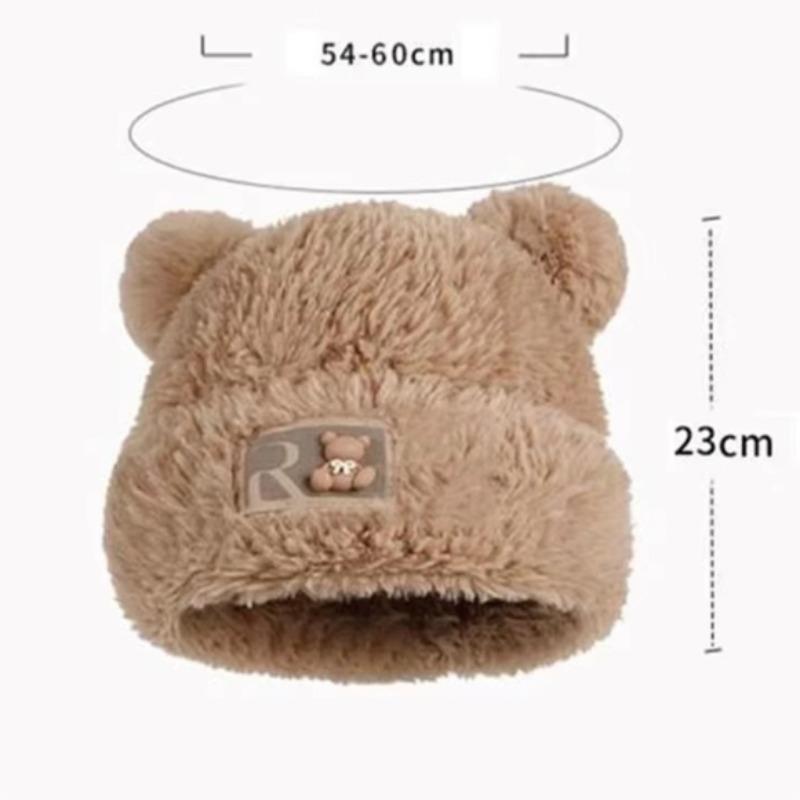 Plush Letter Little Bear Ears Autumn and Winter Knitted Cute Mao Line Hat Women Thickened for Keep Warmth Coldproof No Eaves Pullover Hat