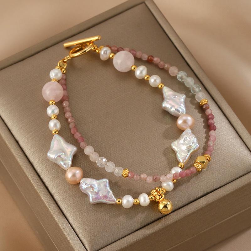 Fashion Baroque Pearl Bracelet Women S French Irregular Bead Jewelry Double Layer Stacked Wear Ot Buckle Pink Tourmaline Bracelet