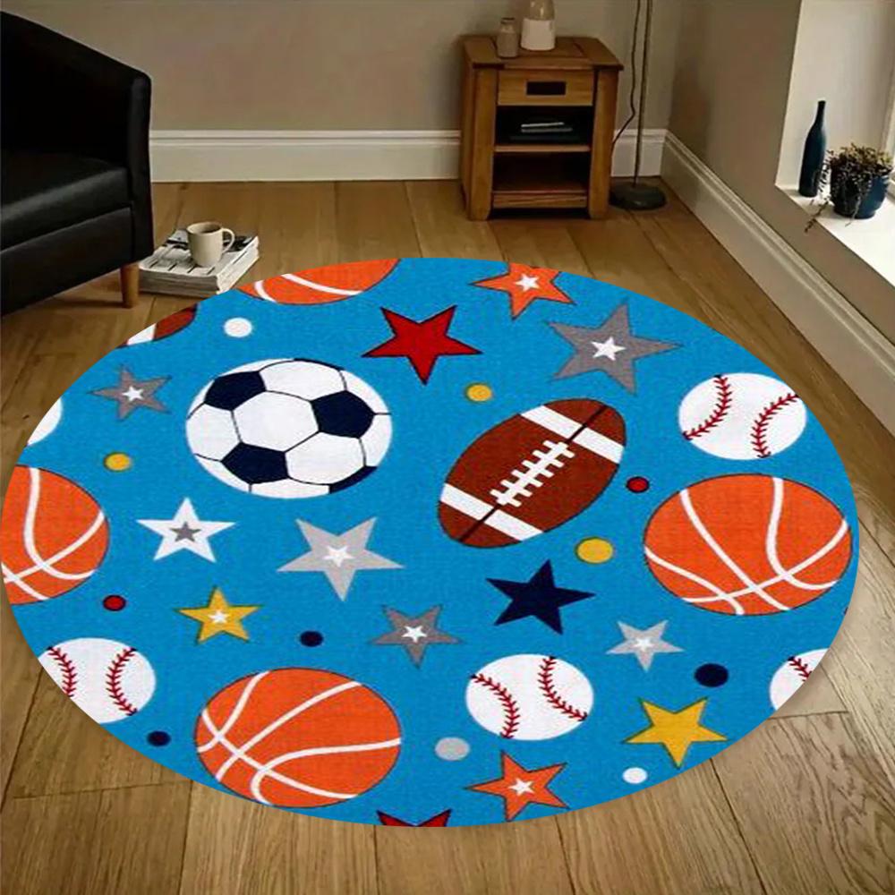 Bedruckter runder Flanellteppich mit Basketball-, Fußball- und Baseballmuster für Kinderzimmer oder Spielbereiche, weich, rutschfest