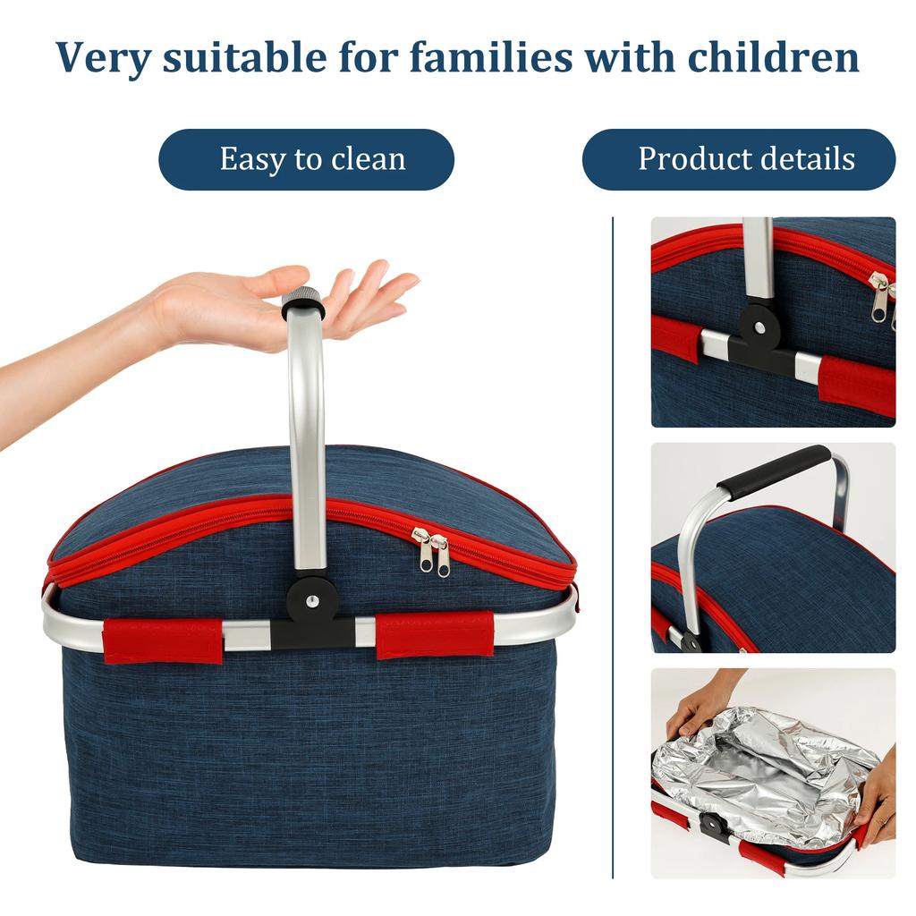 Picnic Basket D600 Oxford Cloth Insulation and Waterproof Shopping Basket Large Capacity Foldable Outdoor Carry Basket for Lunch