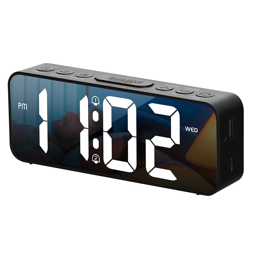 Digital clock large display easy read alarm mirror design adjustable brightness suitable entrance living room etc. includes Japanese instruction
