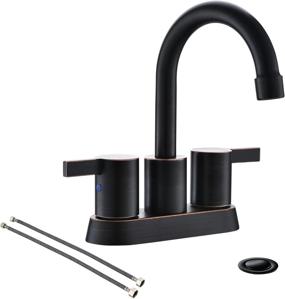2 Handle Centerset Matte Black Lead-Free Modern Bathroom Faucet, 4 Inch 360 Swivel Spout 2-3 Hole RV Bathroom Vanity Sink Faucet