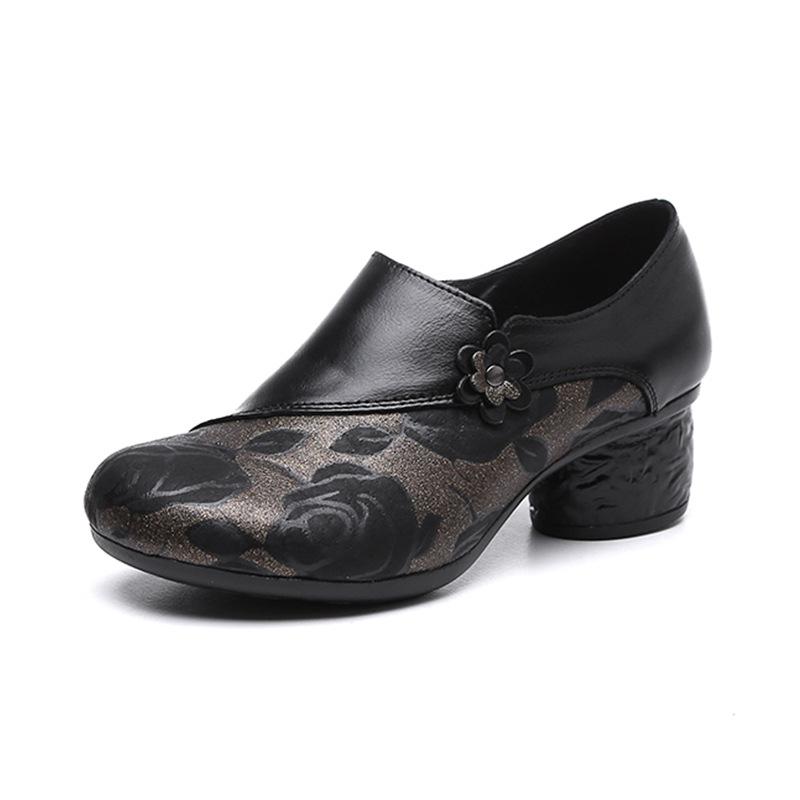 

Этнический стиль, новинка весны и осени, одиночные туфли со стременами, женские туфли из коровьей кожи с мягким дном и принтом для мам 41 чёрный