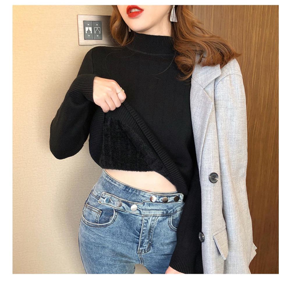 Autumn and Winter Women's Padded Thickened Sweater Single Layer Mid-collar Half-high Neck Knitted Bottoming Shirt Mink Warm Tops