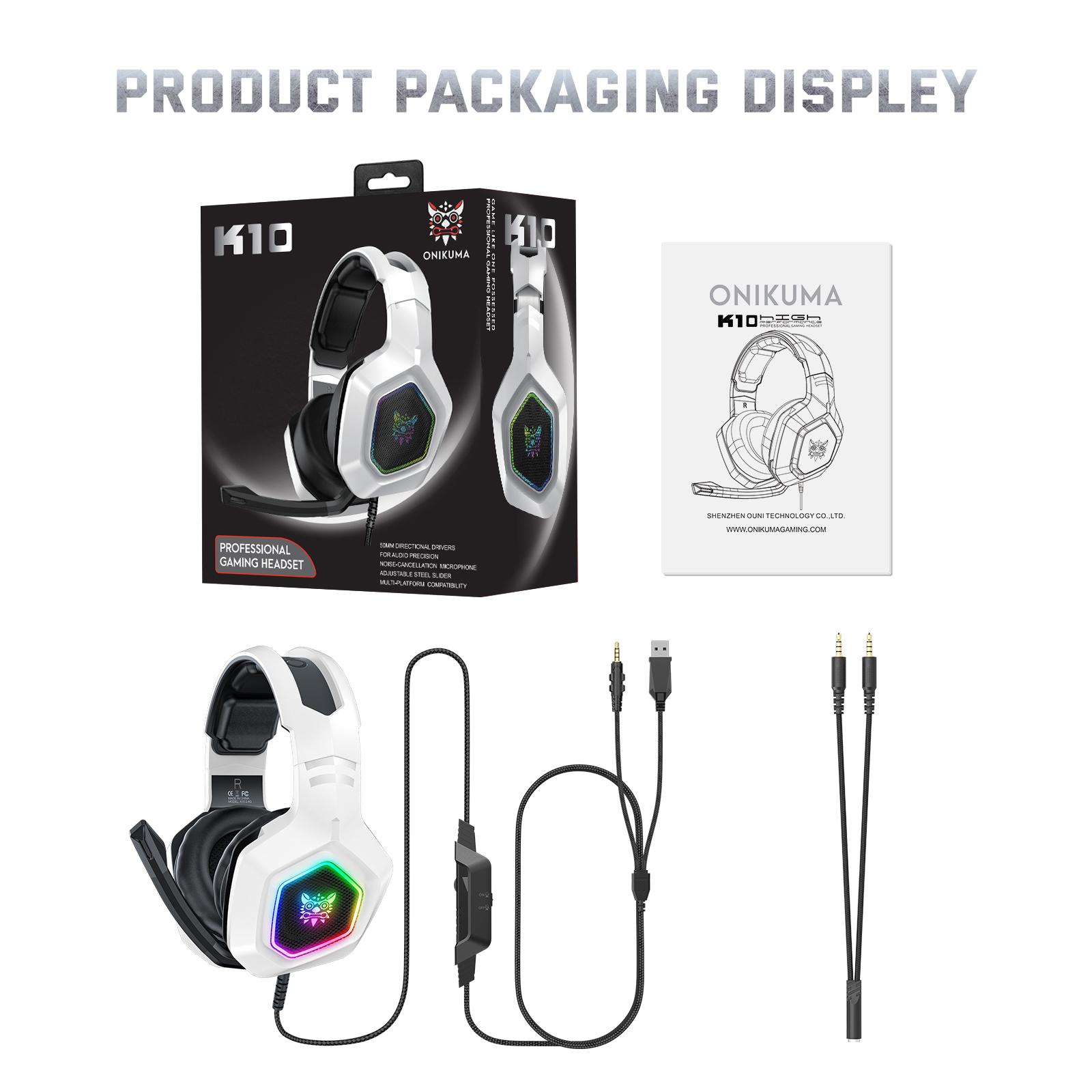 

Игровая гарнитура K10 с микрофоном, объемным стереозвуком, RGB-подсветкой и регулировкой, совместимая с PS5, PS4, Xbox One, Nintendo Switch, ПК, планшетом 21*18.5*10cm белый