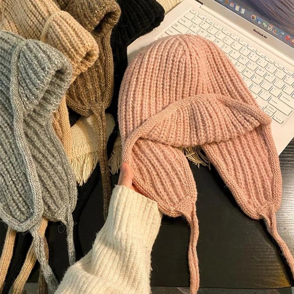 Ear Protection Knitted Flying Cap Solid Color Woolen Crochet Cap Fashion Knitted Woolen Hat  Girls
