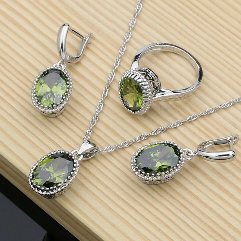

Mystic Red Ruby 925 Sterling Silver Jewelry Sets for Women Wedding Accessories Earrings/Pendant/Necklace/Rings Dropshipping 10 оливковий колір