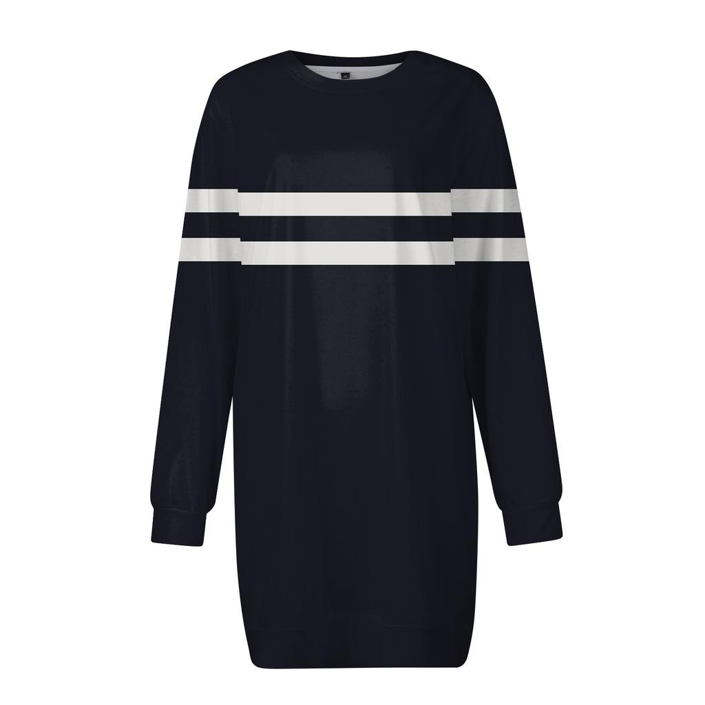 Women's Round Neck Striped Graphic Long Sleeve Hip Dress Sweater Dress
