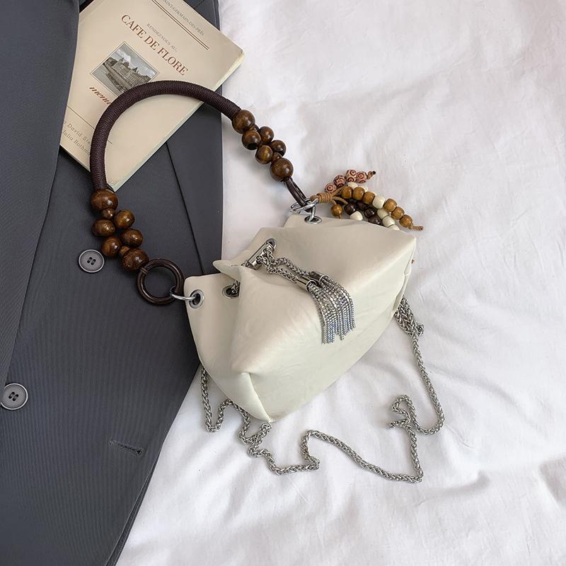 Beading Short Handle Underarm Bag For Women Retro Pu Leather Bucket Crossbody Bag Fashion Drawstring Handbag Trend Clutch Bag
