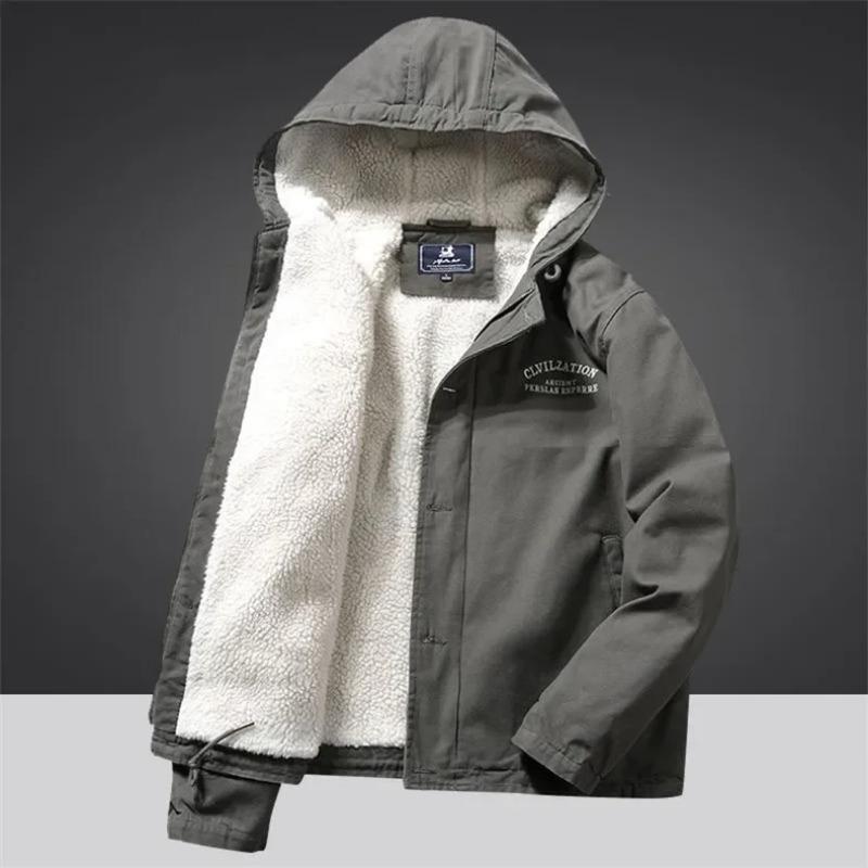 Men's Lamb Wool Retro Workwear Hooded Fleece-lined and Thickened Cotton-padded Jacket Coat in Autumn and Winter 2025.