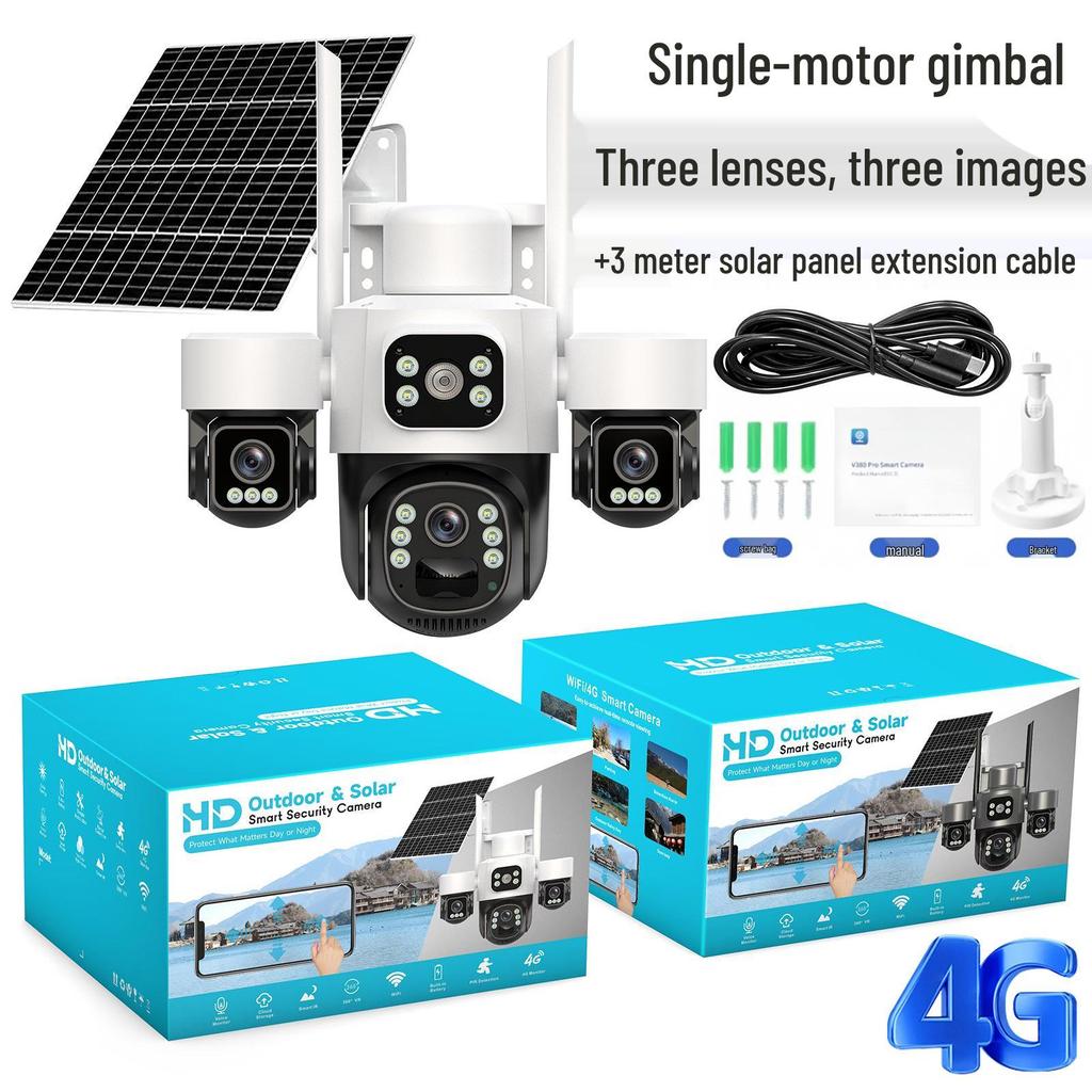 V380 4G Solar Camera with Three-Lens, Three-Axis Gimbal for Home Monitoring - Wireless, Low Power Battery.