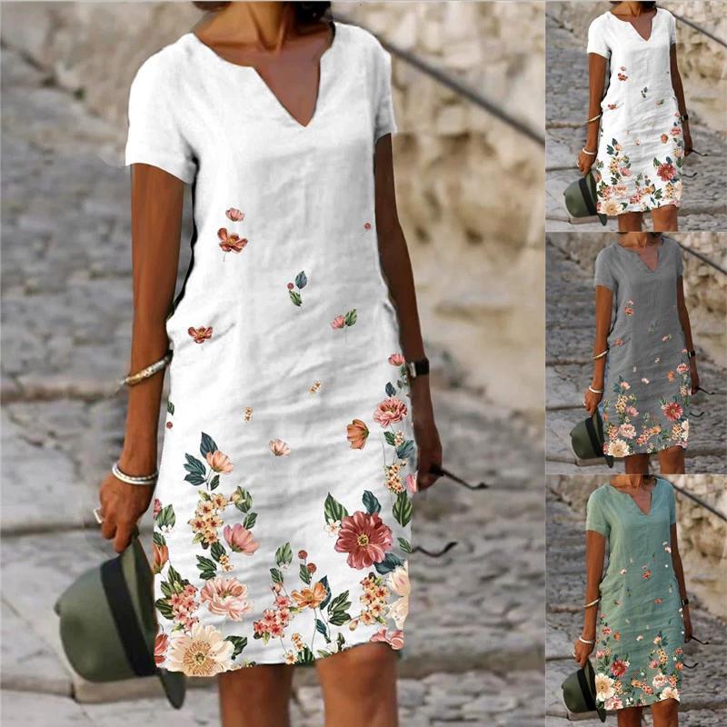 New Flower Printed Cotton Linen Short Sleeved Medium To Long V-neck Dress