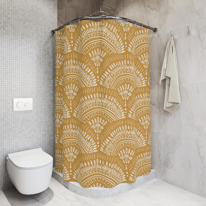 Mustard Yellow Boho Shower Curtain - Hand-Drawn Artistic Pattern, Minimalist Bathroom Decor with Matching Mat W90xH180cm