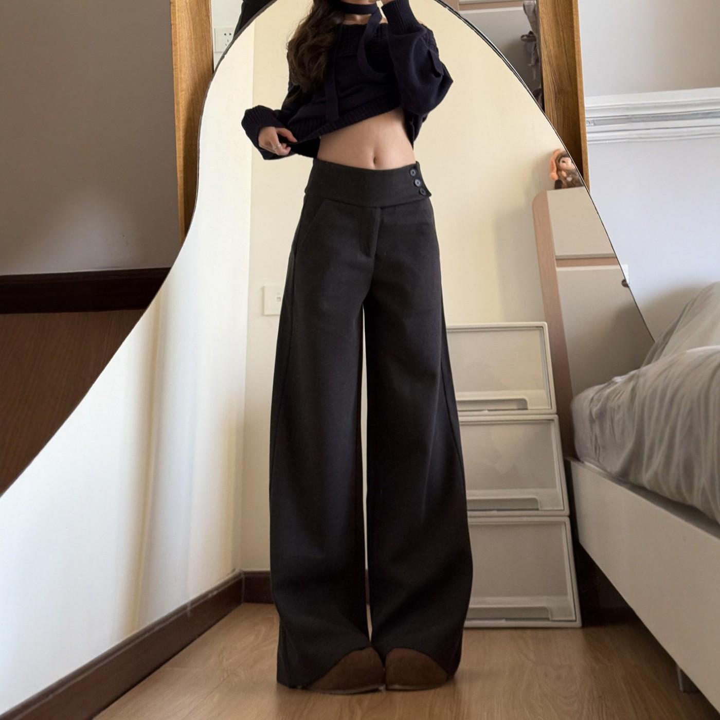 

Deep Gray Women s Wide-Leg Wool Pants - Side Button, Loose Drape, Floor-Length, Autumn/Winter Style. M