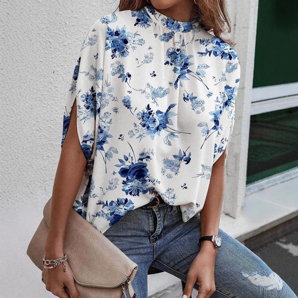 Women's Elegant Loose Short-Sleeve Printed Pullover Top with Round Neck Tie-Up Design