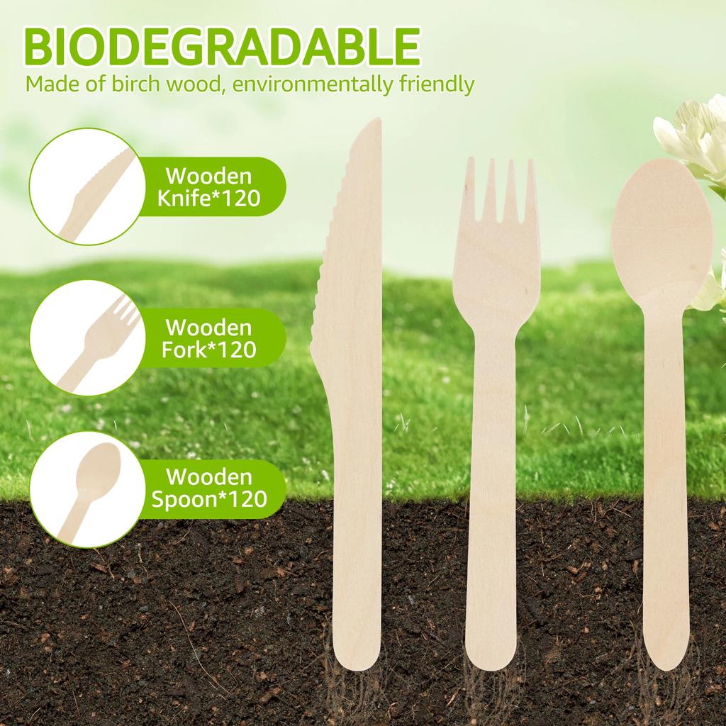 360Pcs Party Disposable Wooden Tableware Set Forks Spoons Knives Parties Wedding Cafes Environmentally Friendly Wooden Tableware