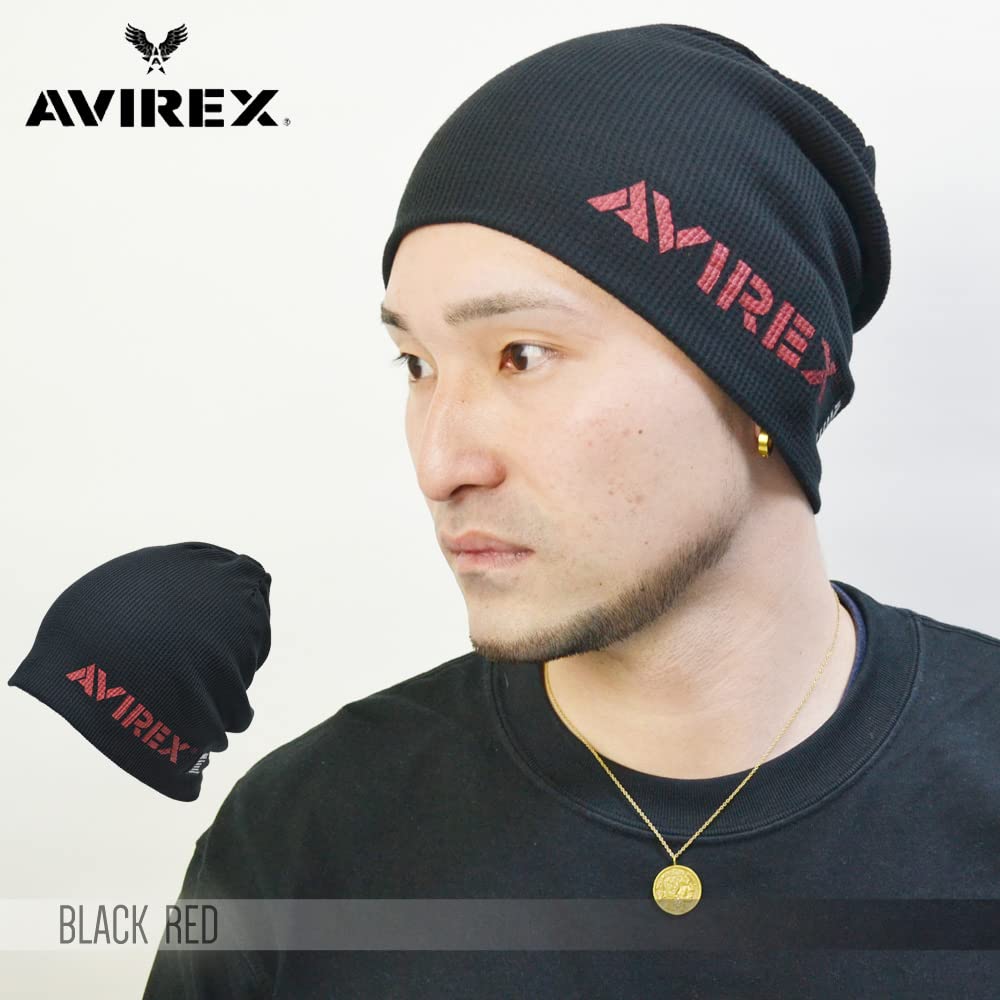 AVIREX Knit Cap Waffle Fabric Beanie, (Black/Red)