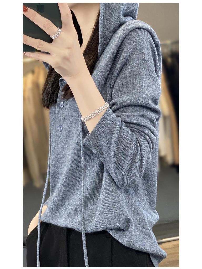 Spring & Autumn Wool Hoodie: Casual, Lazy-Style Knitted Sweater, Slimming Button-Up, Versatile for Women