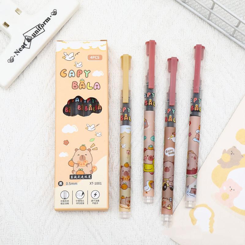 

4 шт. Милая капибара, шариковая ручка прямого действия большой емкости, набор кавайных ручек, быстросохнущие, канцелярские товары для офиса и школы 4pcs