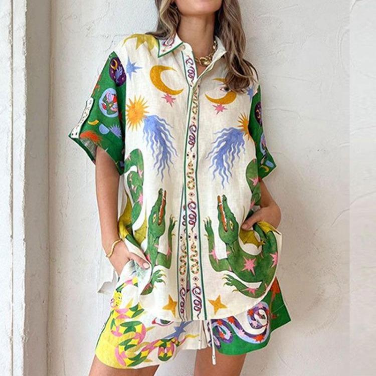 Spring Womens Printed Blouse Updated Style Short Sleeved Commuter Suit Everyday Wear