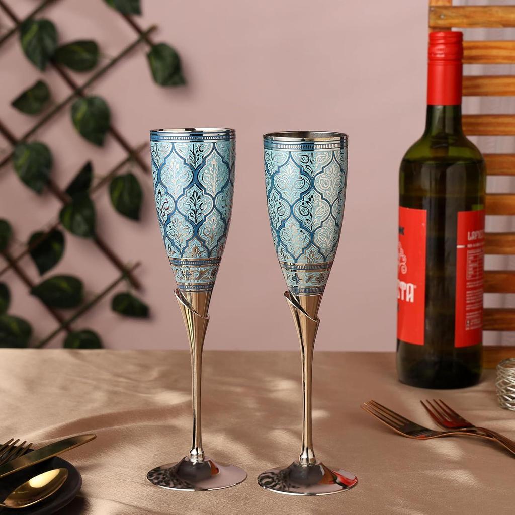 Glasses, Metal Goblet, Champagne Flutes, Diwali, Wedding Anniversary Gift for Couple Marriage, Corporate Clients- Set of 2, Blue Flutes Design