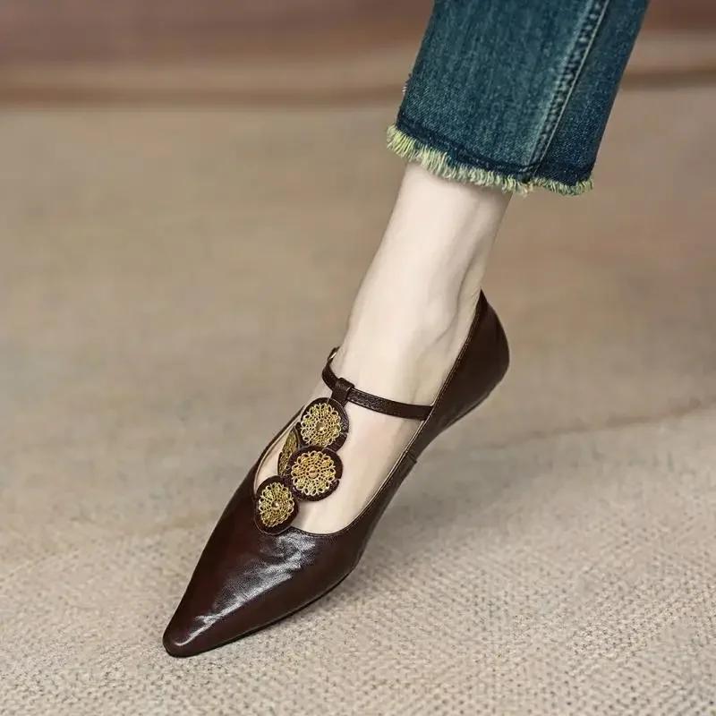 2024 Luxury Rome Shoes Women Elegant Shallow Shoes Summer Pointed Toe Retro Shoes Designer Dress Walking Flats