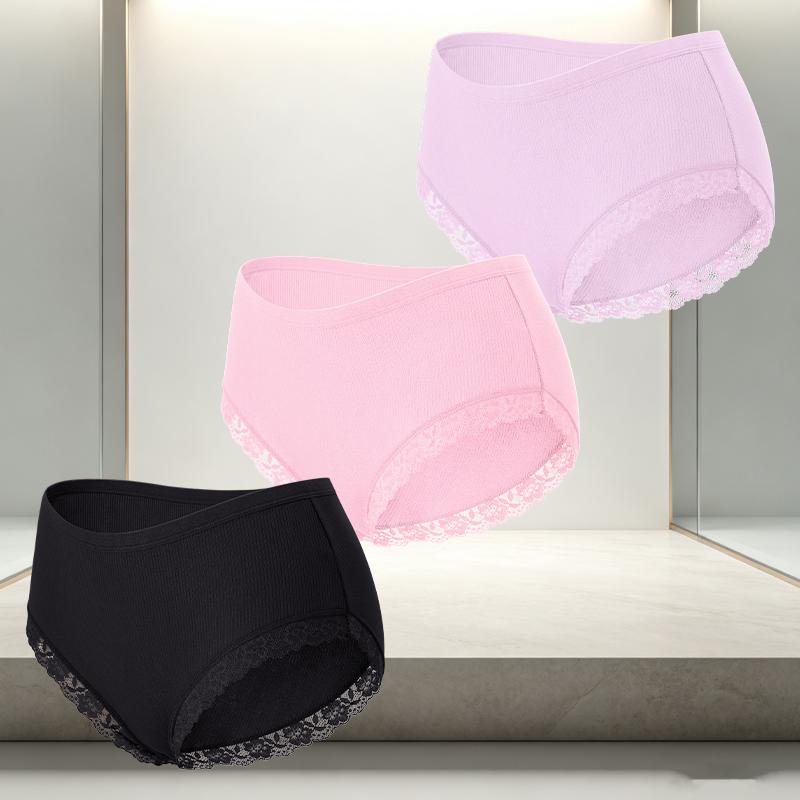 FINETOO 3Pcs/Set Women's Cotton Patchwork Lace Underwear Solid Color High Rise Ribbed Underpants Soft Breathable Panties Female Lingerie