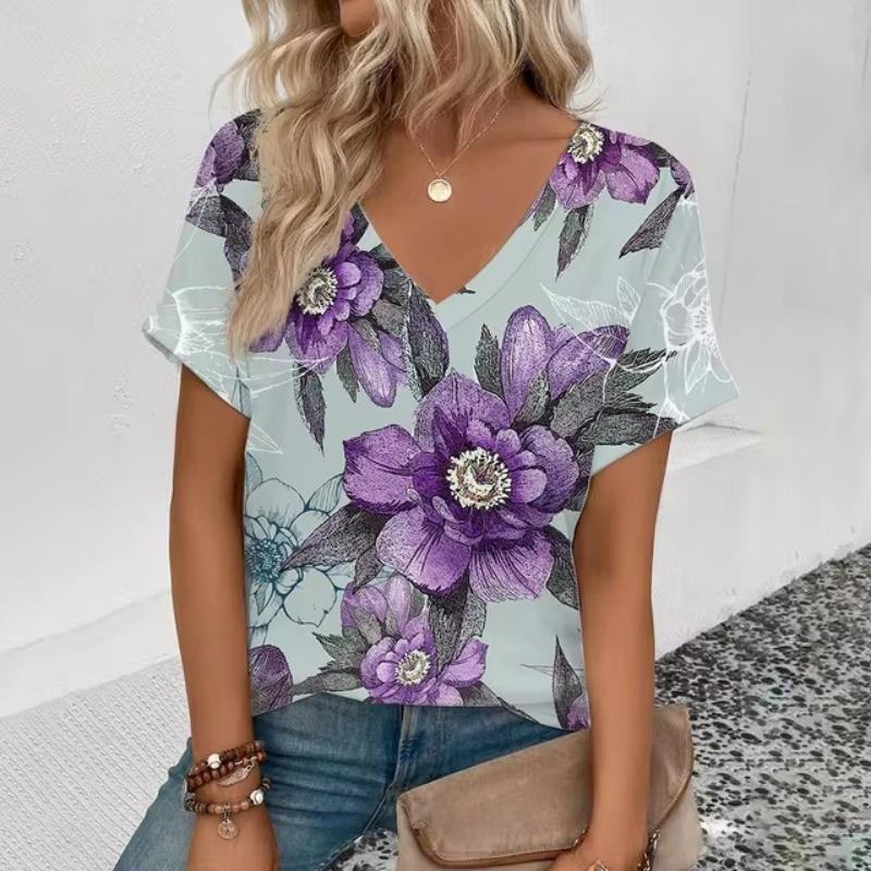 Dam V-ringad T-shirt Retro Elegant Blommönster Mode Tryck T-shirt Sommar Fritid Dam Populär Kortärmad T-shirt