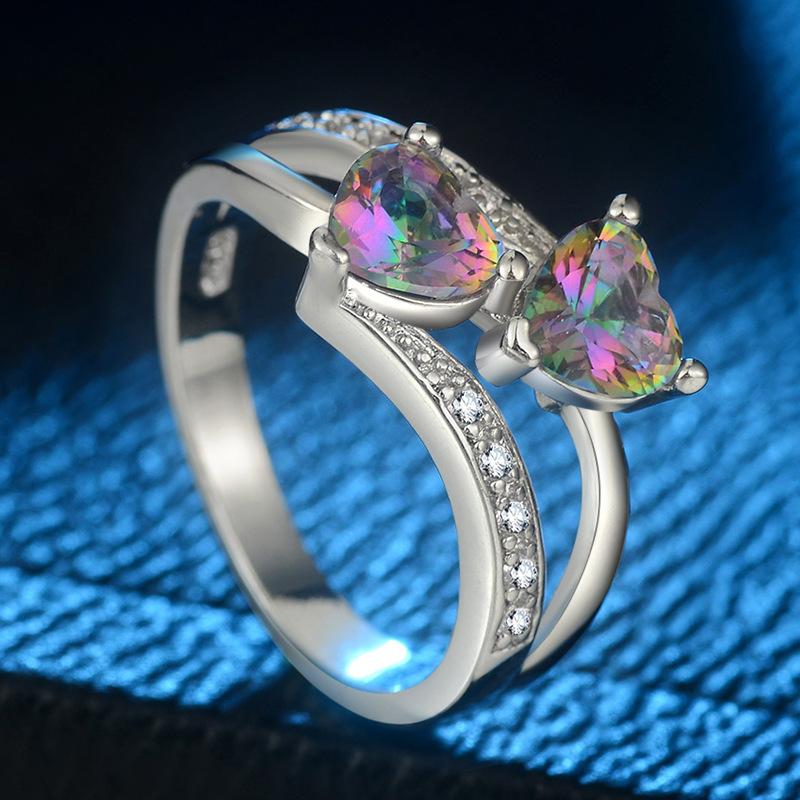 Popular Color Double Heart-Shaped Colorful Zircon Ring, Platform Jewelry.