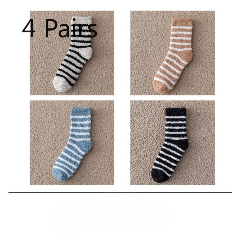 4 Pairs of Winter Coral Fleece Sleeping Floor Socks for Warm Feet and Home Men, Thickened, Warm and Cold-proof Mid-calf Striped