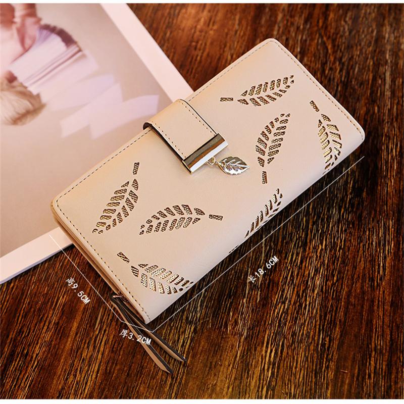 Women's Wallet PU Hollow Leaf Zipper Long Handbag  Fashion Multifunctional  Money Bag Coin Purse