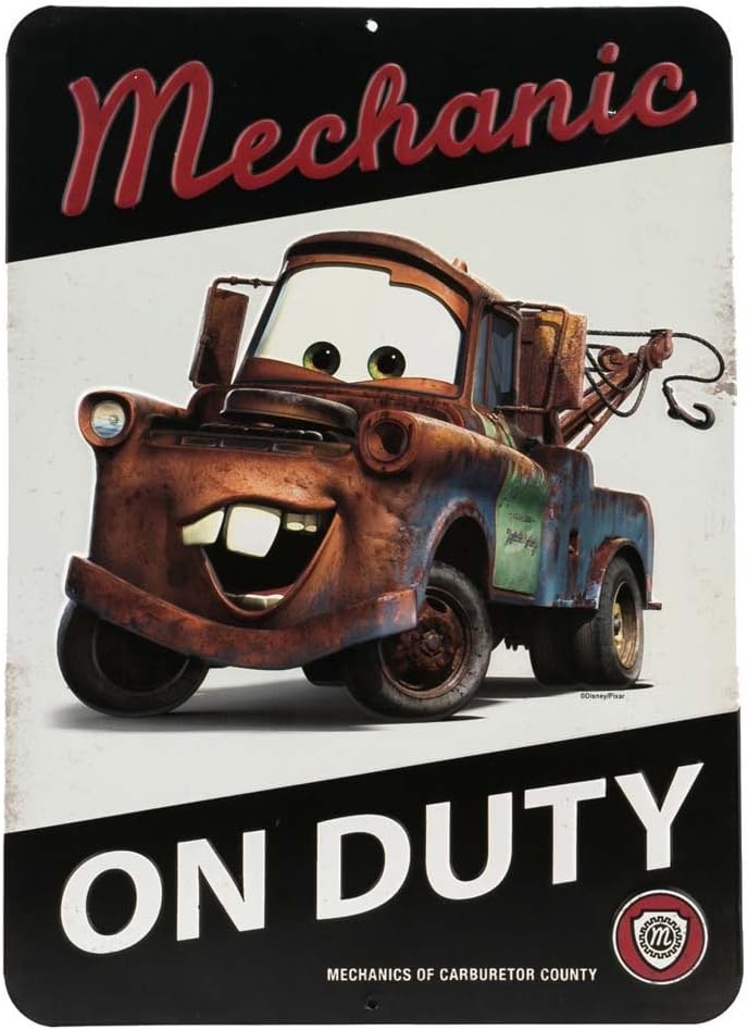Cars Tow Mater Mechanic On Duty Embossed Metal Sign Vintage Tow Mater Sign for Bedroom or Garage 20x30cm(7.8x11.8inch)