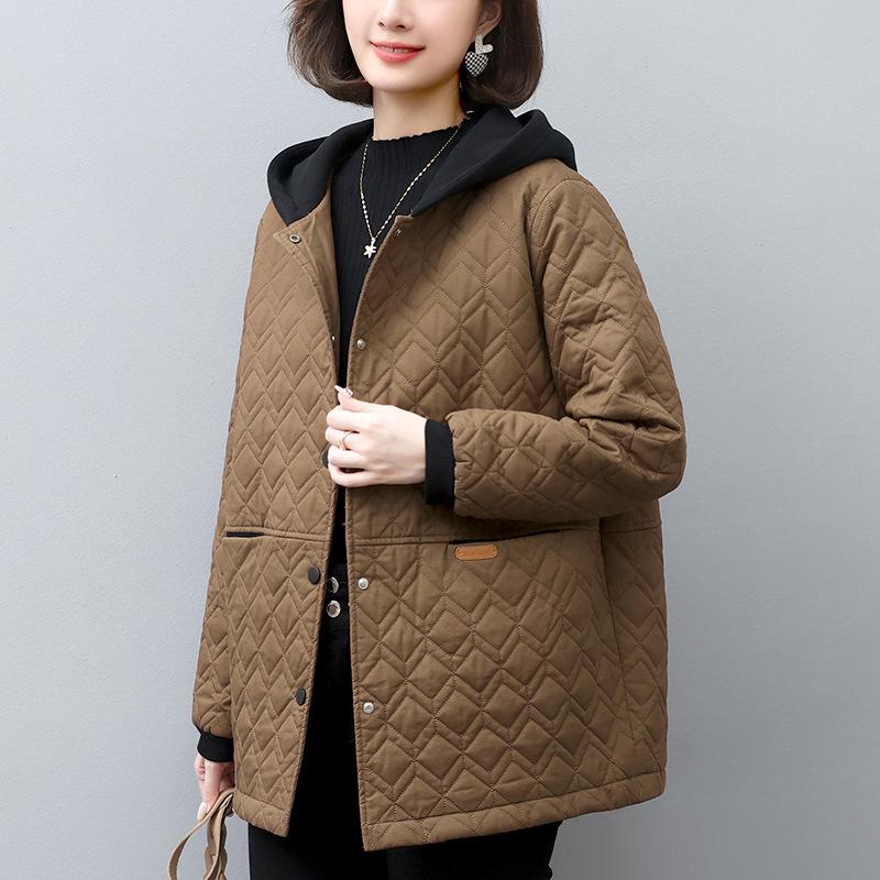 

Женская хлопковая куртка с капюшоном 2024 - Зимняя, больших размеров, толстая, теплая и свободного кроя для женщин среднего и пожилого возраста XL for 135-150 jin кофейный