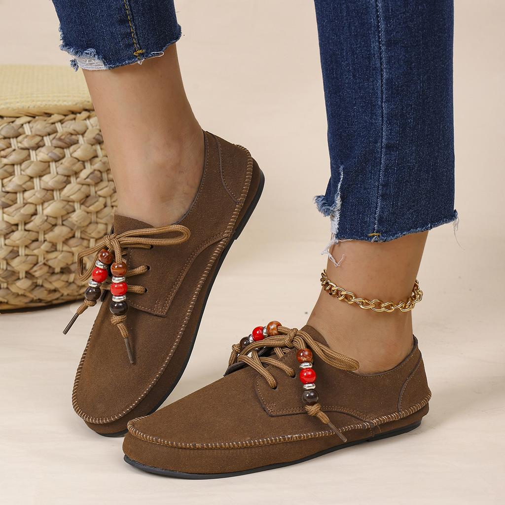 2025 Women Loafers Round Toe Lace-up String Bead Shoes Leisure Spring Autumn Sneakers Woman Retro Style Plus Size Shoes Women