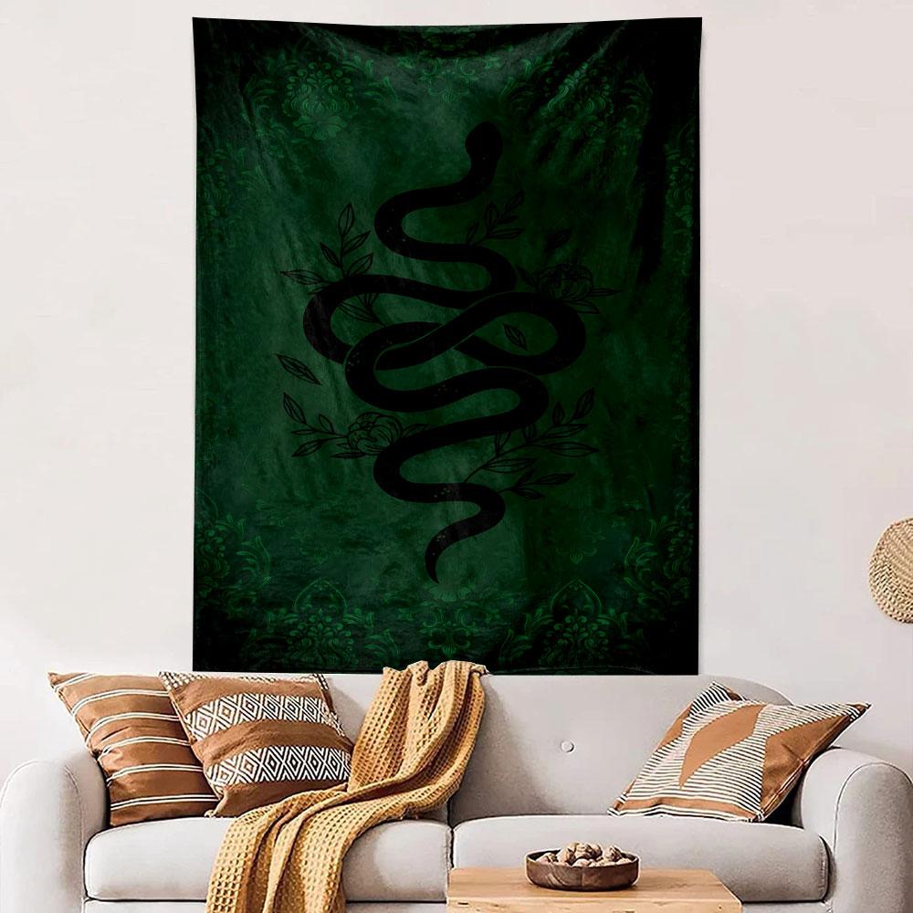 "Black Snake On Green Ornate Background" Patterned Tapestry Decorative Wall Hanging, Home Bedroom Living Room Decor