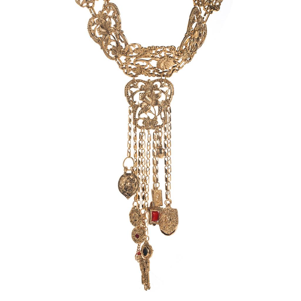 Heavy industry exaggerated hollow engraved chokr neck chain ZA retro fringed coin key long necklace