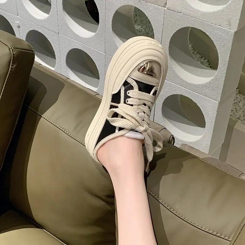 Fashion Outside Black Canvas Round Toe Slides Thick Shoes Women's Slippers and Ladies Sandals Height White Top Designs Small Size Unique