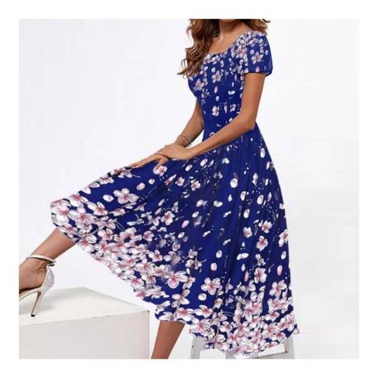 Elegant blomstert langkjole for kvinner sommerfest U-hals kort erme kveld