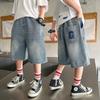Kinder Jungen Koreanischer Stil Lockere Passform Jeansshorts mit Buchstaben für Tweens Kind Lässig Gerade Jeans Capri Wadenlange Hose Alter 5-14J