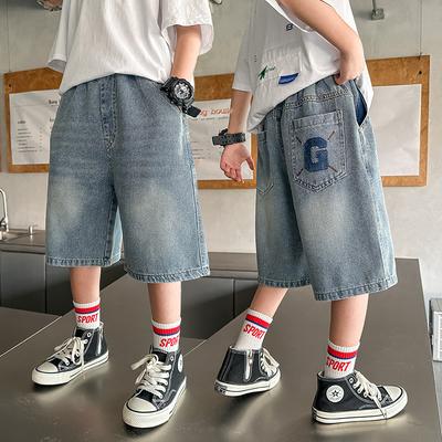 Dziecięce Spodenki Jeansowe Chłopięce Koreański Styl Luźny Krój z Literami dla Nastolatków Dziecko Codzienne Proste Jeansowe Spodnie Rybaczkowe Spodnie do Połowy Łydki Wiek 5-14 lat