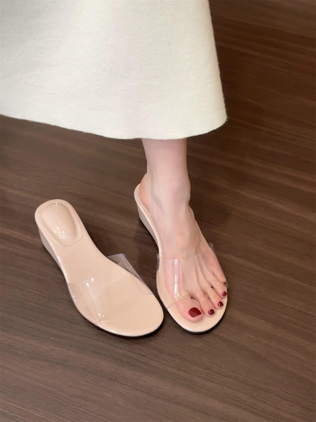 

Blue cabinet version! Round head open-toed transparent one-word with sandals, women wear wedge heel temperament one-word French cool slippers 40 розовый