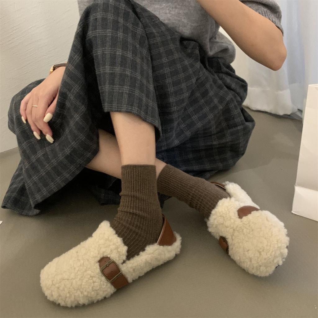 Mao Mao shoes women wear new winter velvet warm one pedal bean shoes lamb wool cotton shoes