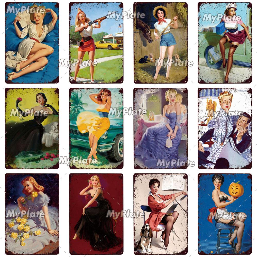 Beauty Woman Metal Sign Bar Pub Decor Plaque Metal Vintage Crafts Home Decor Painting Plaques Art Pinup Poster