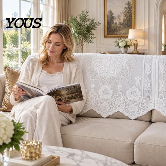 Lace Sofa Cover for Living Room White Armrest Chair Cover, Retro Couch Arm Embroidered Soft Polyester Blend Throw Furniture Protector Back Armchair,