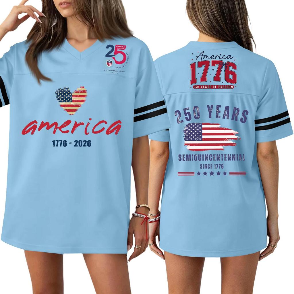 Damska Codzienna Modna Koszulka Sportowa z Dekoltem V z Nadrukiem na Dzień Niepodległości Krótkim Rękawem Top