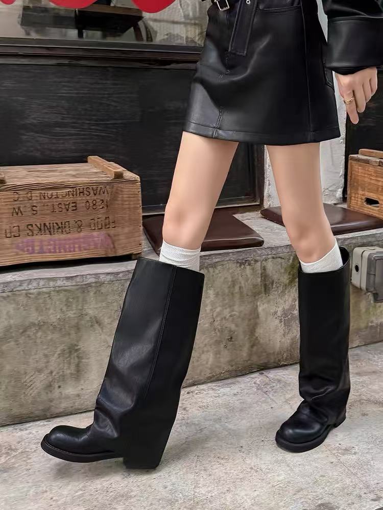 Cowhide Version Retro Platform High Tube Leather Boots Fat Mm Big Tube Circumference Round Head Thick Heel Trouser Tube Boots Women's Western Boots