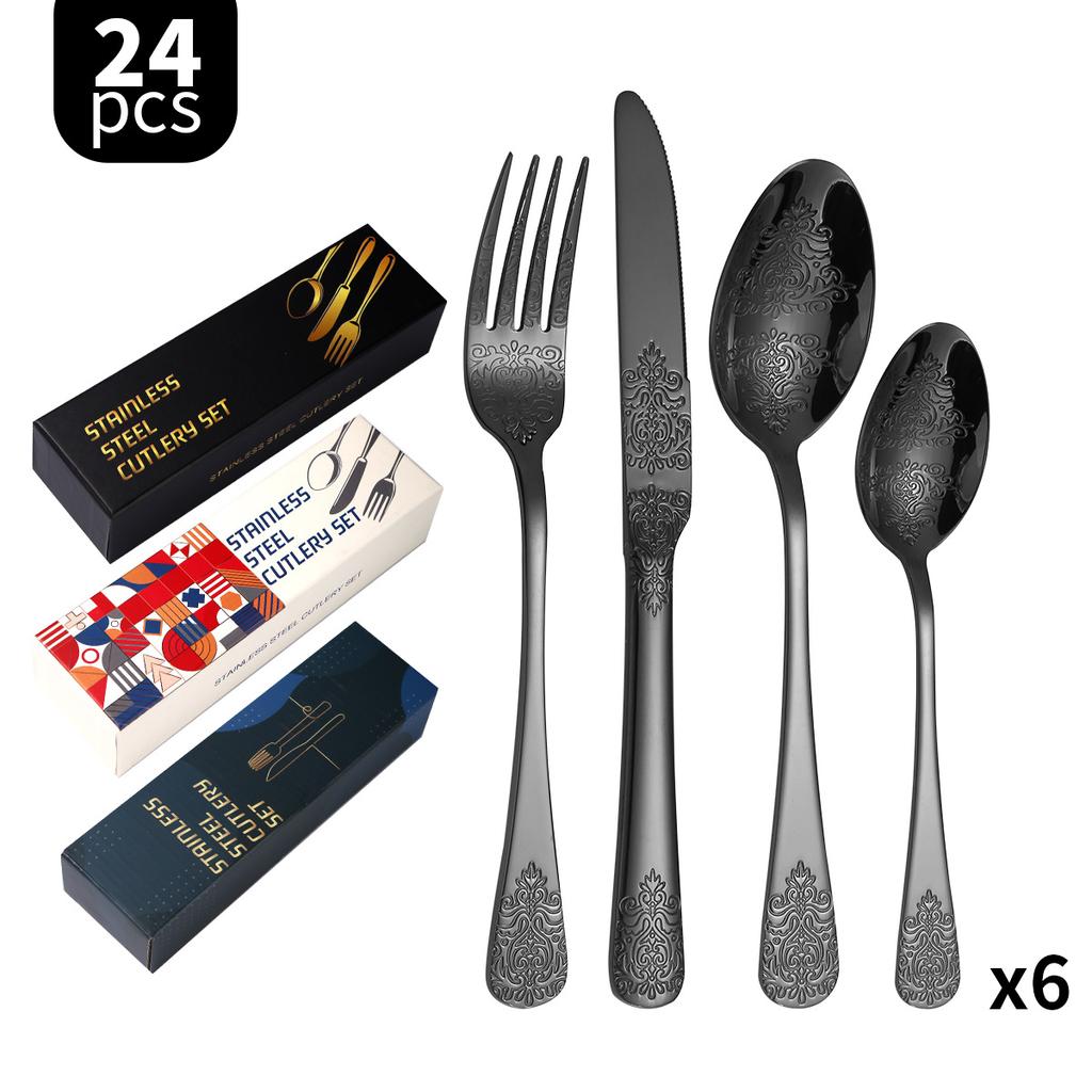 Thickened Pattern Stainless Steel Knife, Fork and Spoon Tableware 430 Double-Headed Pattern Knife, Fork and Spoon 24-Piece Set