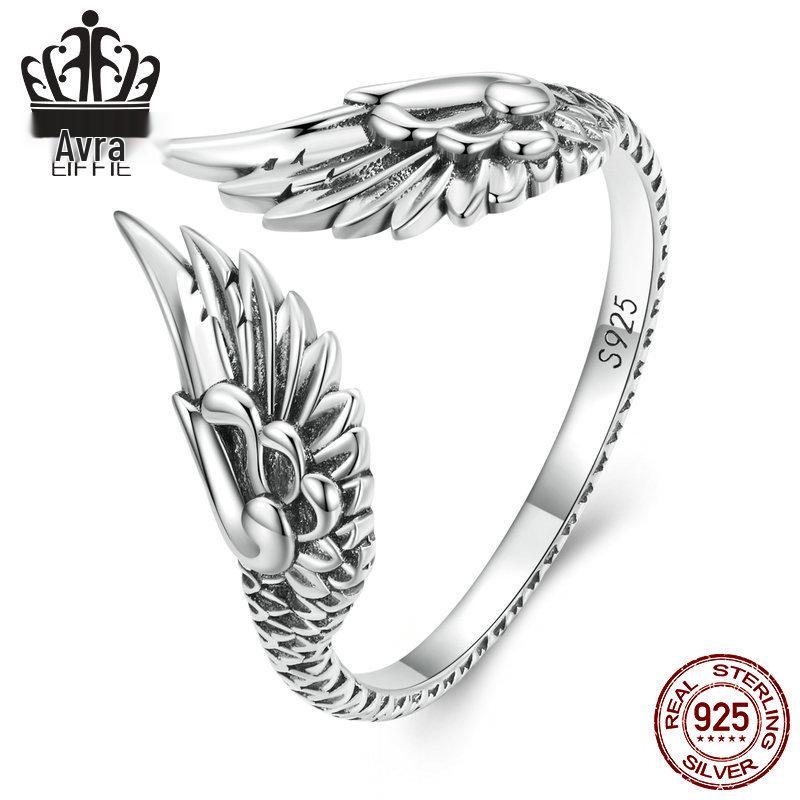 

Avle Sterling Silver S925 3D Wing Ring - Simple, Retro Guardian Design Adjustable Open Size