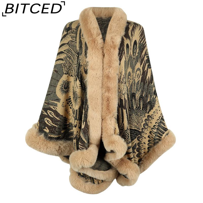 BITCED Autumn/Winter Peacock Flower Knitted Cape for Women - Thickened Warmth Shawl