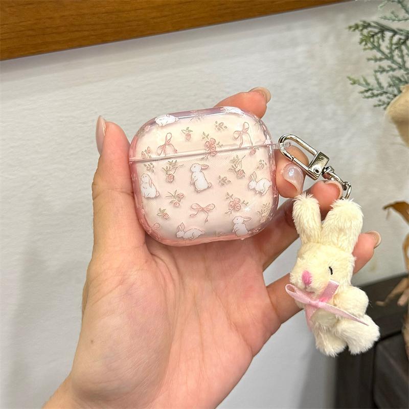 Милый корейский чехол для наушников с ушками кролика для Apple Airpods 4 3 2 Pro 3 Чехол с плюшевым подвесным кроликом Силиконовые зарядные чехлы для наушников For Airpods 1 2